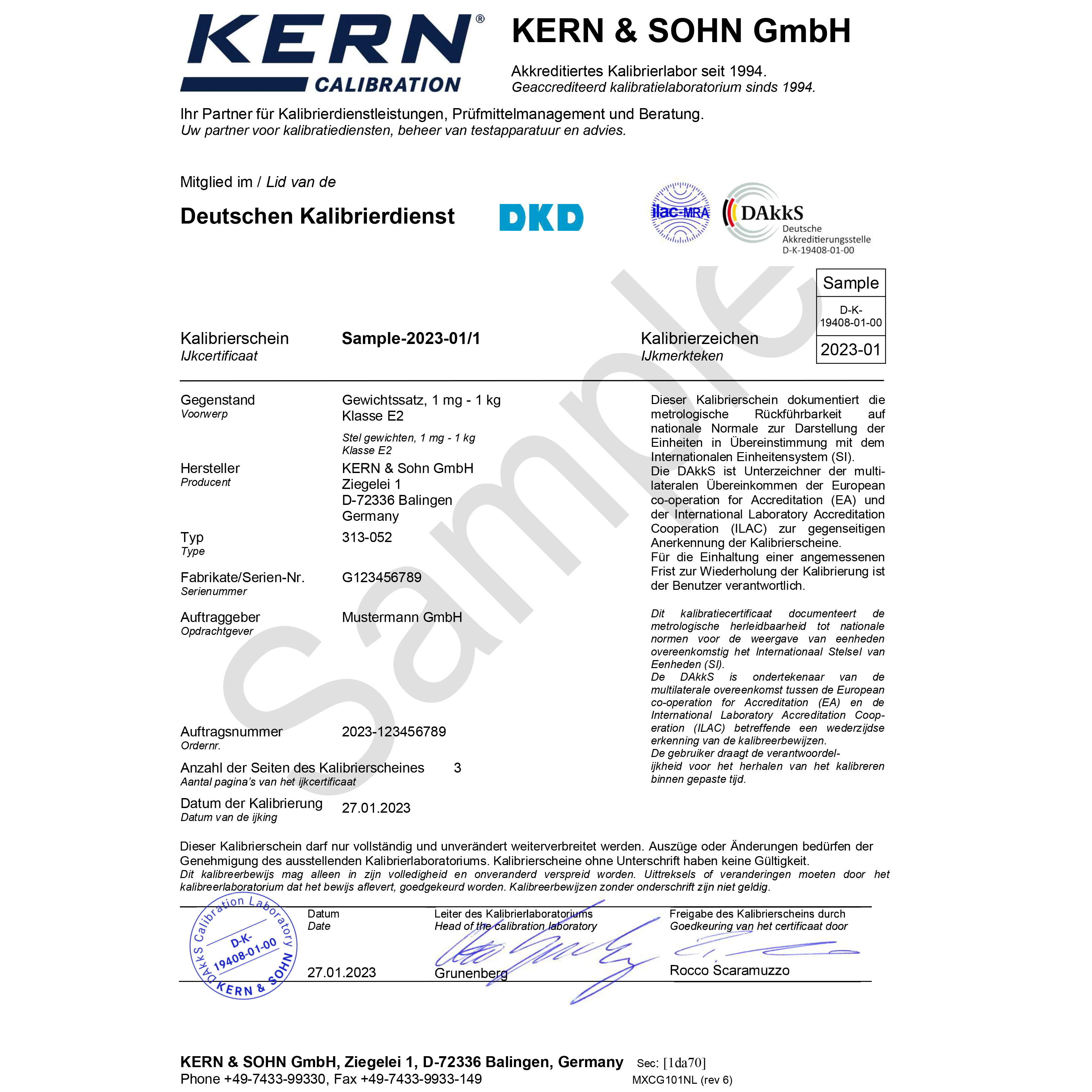 K 962 DAkkS kalibratie certificaat voor Kern controlegewichten