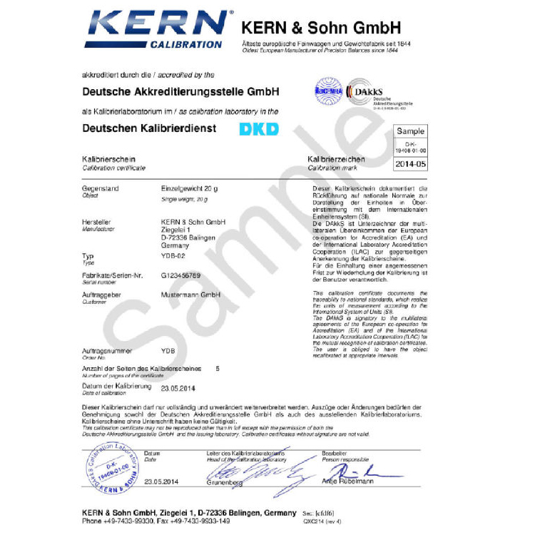 K 962-335V Calibration certificate for the plummet (20 g) - Kern 962-335V