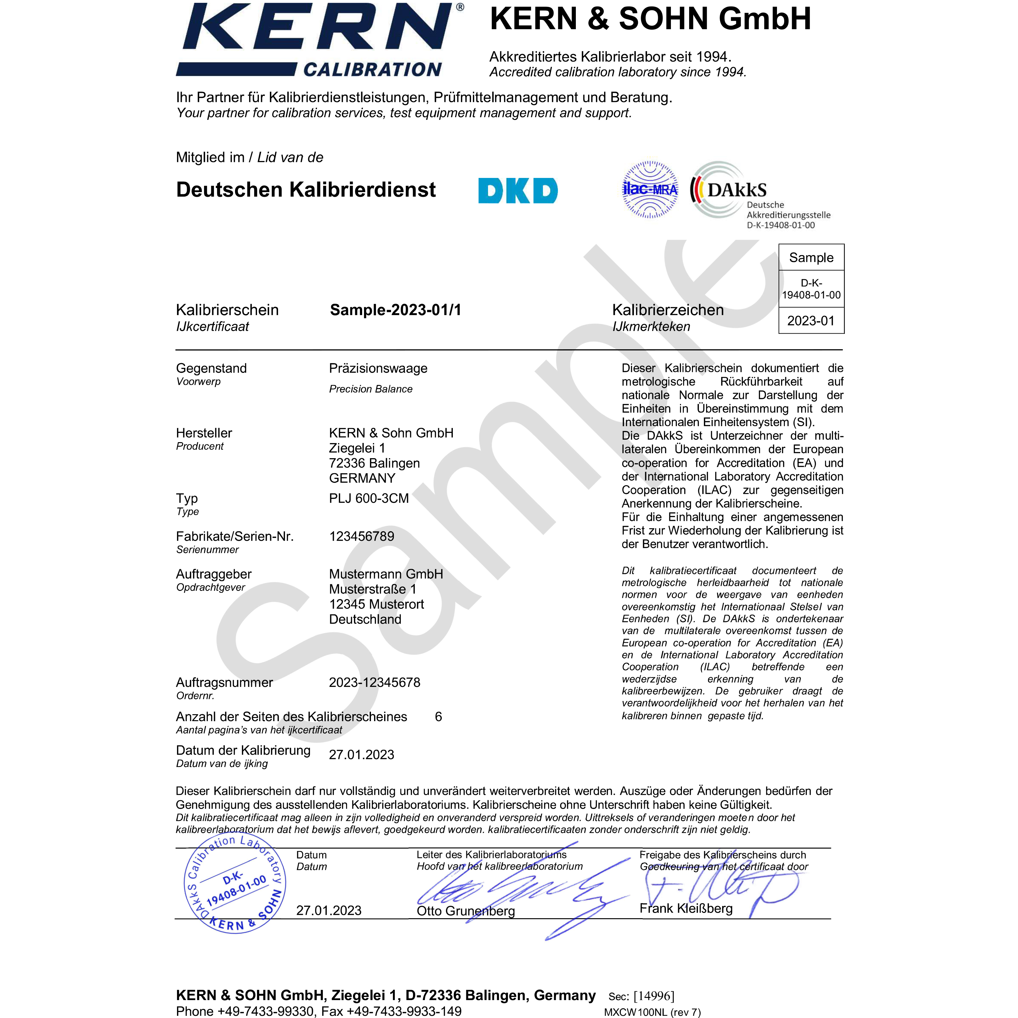 K 963 DAkkS calibration certificate for Kern balances