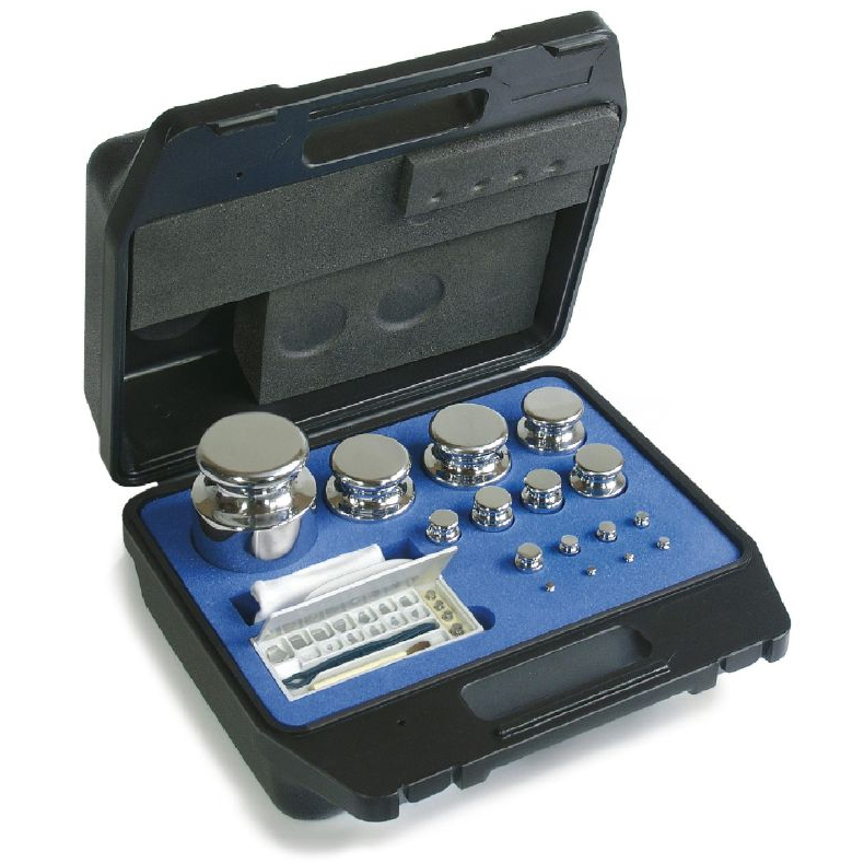 Set of weights E2, cylindrical shape, polished stainless steel, plastic box