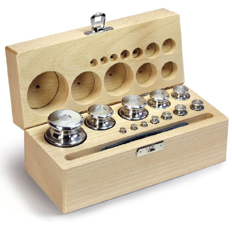 Set of weights F2, cylindrical shape, finely turned stainless steel, wooden box